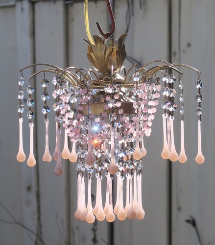 Vintage waterfall Opaline Rosepink Tole brass Swag lamp crystal bead chandelier - Picture 2 of 12