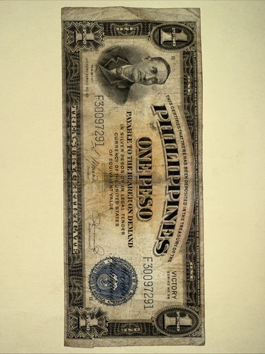 1944 USA-PHILIPPINES PAPER MONEY - ONE WW2 VICTORY PESO BANKNOTE FREE SHIP