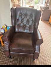 Brown Leather Wingback Recliner Armchair with Footstool/Ottoman 90cm