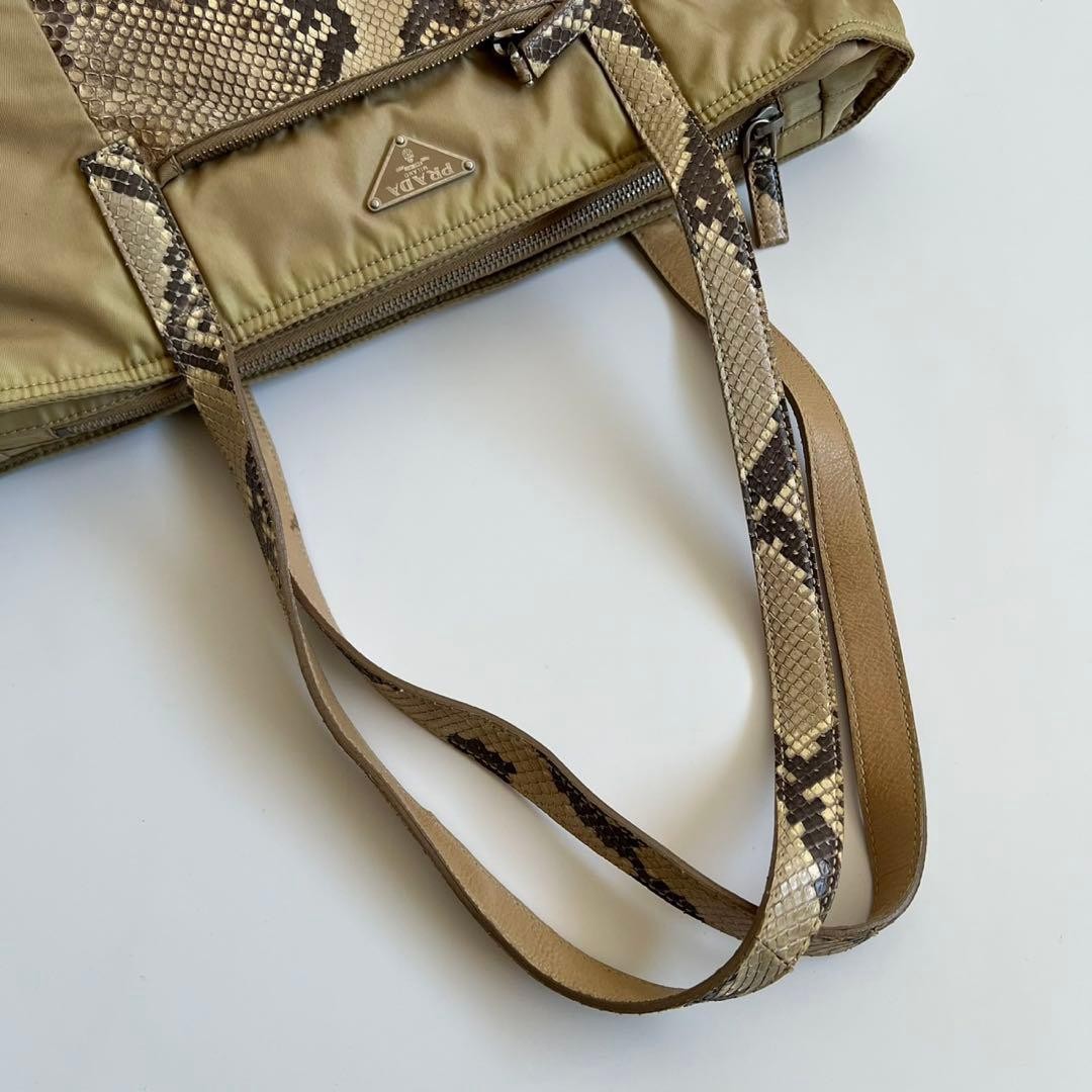 PRADA Nylon Leather Tote  Auth Beige Python Patte… - image 6