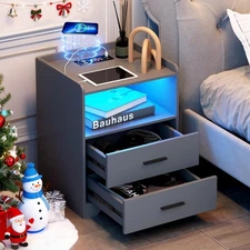 Grey Night Stand with Wireless Charging Station, Nightstand with 2 Drawers, S...
