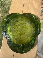 Vintage Blenko Green  Art Glass 9.5" Tri Lobe # 733 Large MCM Ashtray Sun Face