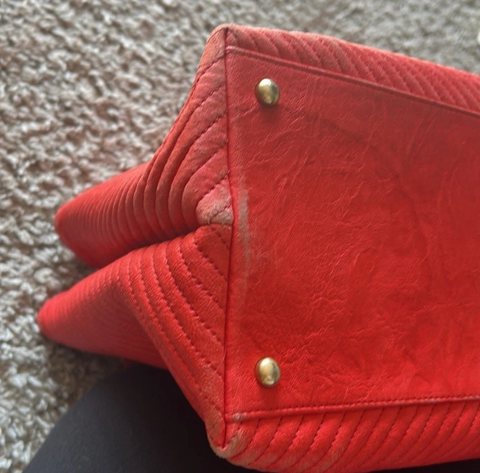 Bolso de Mano Chevron Acolchado Piel de Cordero Arrugado Grande Sobrepique en Naranja Rojo Foto 3 de 4