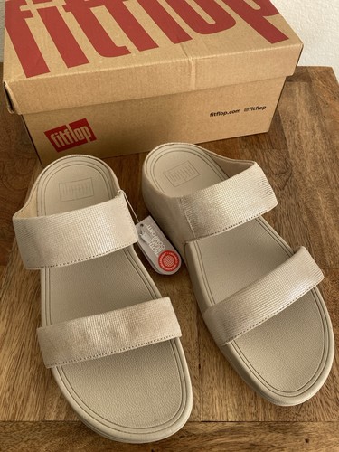 FITFLOP LULU SLIDE SANDALS SHIMMER CHECK BEIGE US 8 EUR 39 LEATHER SUEDE SHOES - Picture 3 of 6