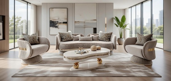 Exklusive Wohnzimmer Garnitur Creme Sofa Sessel Couchtisch-image