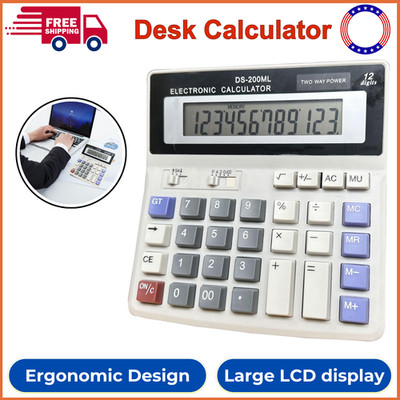Desk Calculator Large 12 Digit Display, Dual Power Basic Calculator Desktop Grey