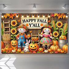 Happy Fall Y'all Banner - Autumn Leaves Pumpkins Outdoor Decor 71x43 Inches