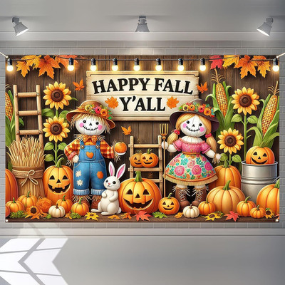 Happy Fall Y'all Banner - Autumn Leaves & Pumpkins Outdoor Decor 71x43 Inches