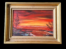 Ölgemälde Abendstimmung am Wasser im vergoldeten Prunkrahmen 27 x 37cm vintage