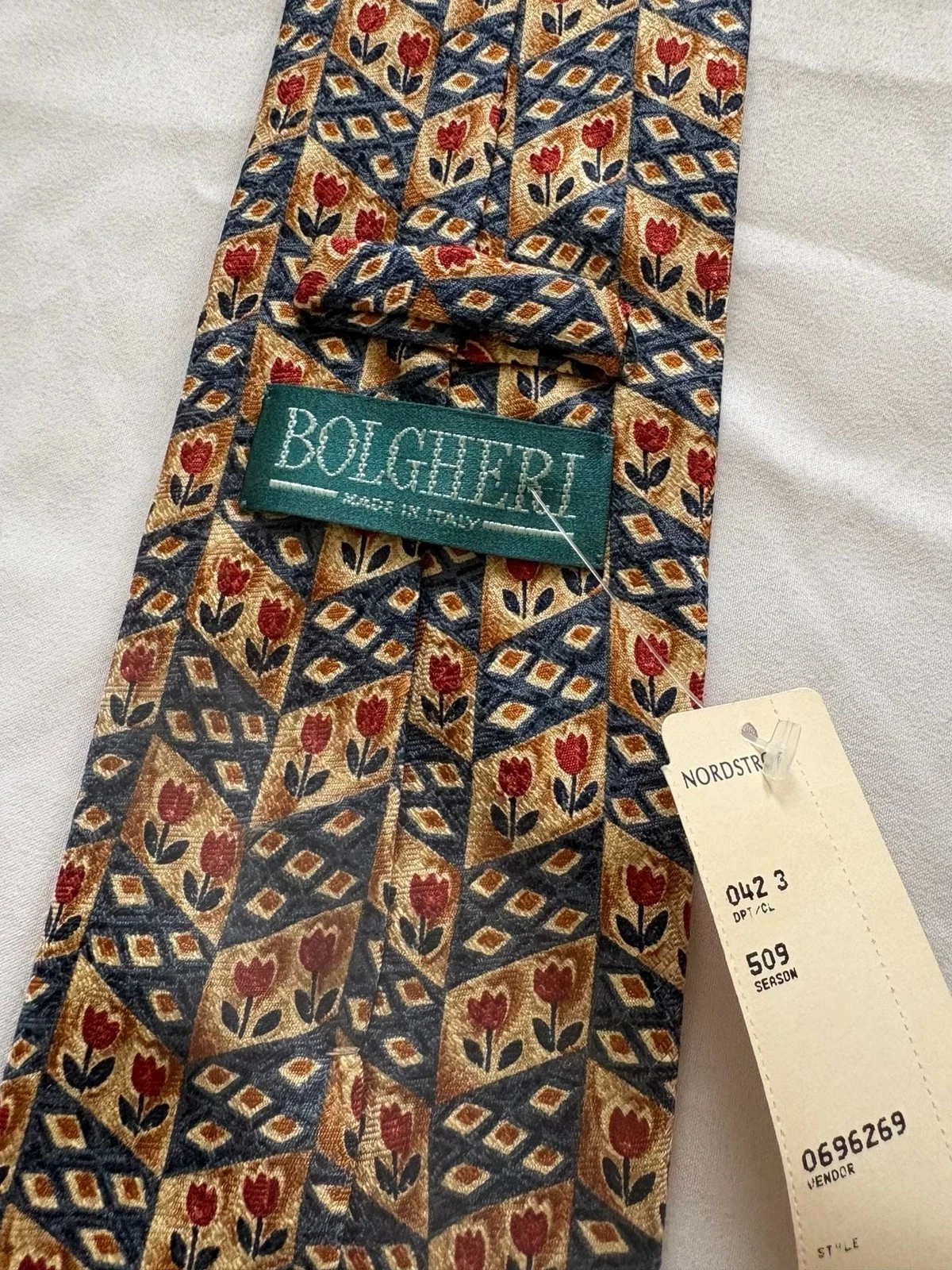 NWT Bolgheri vintage Nordstrom Silk Necktie Geometric Tulip Print Blue Red Gold image 9