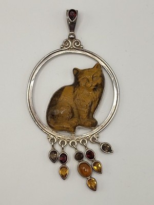 Vintage Sajen 925 Sterling Tigerauge Katze Anhänger Granat Bernstein Topas Quarz baumelt