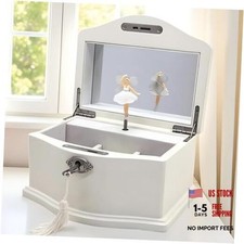 White Ballerina Musical Jewelry Box for Girls, Wooden Jewelry Storage Chest