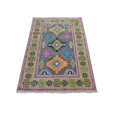 3'2"x4'9" Khaki Brown Fusion Kazak with Geometric Design Wool Hand Knotted Rug