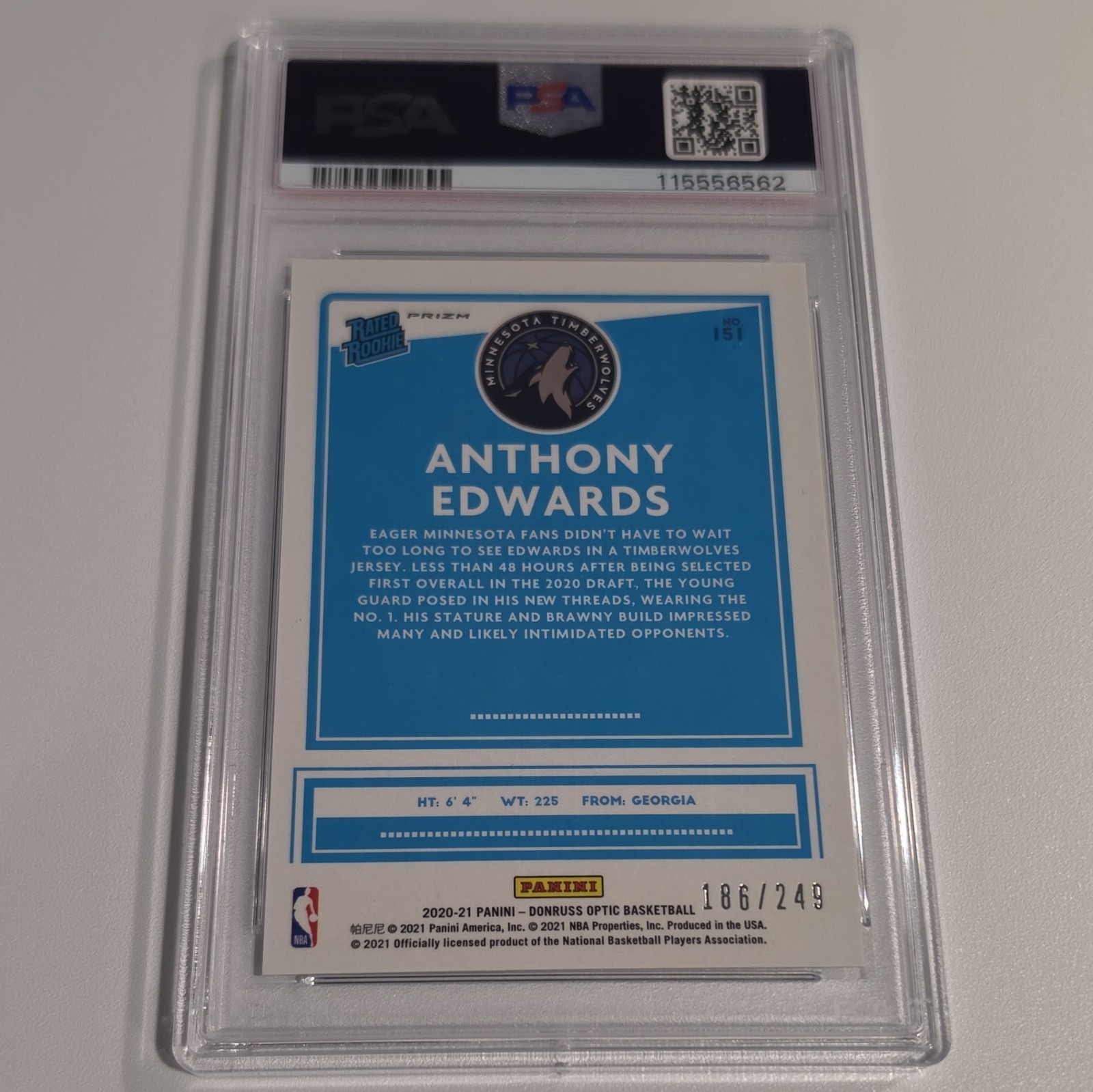 Panini 2020-21 Donruss Optic Anthony Edwards Rated Rookie Prizm #151 /249 PSA 9 view 3