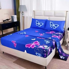 4PCS Butterfly Bedding Sheets Set Full Size Blue Vivid Butterflies Pattern Se...