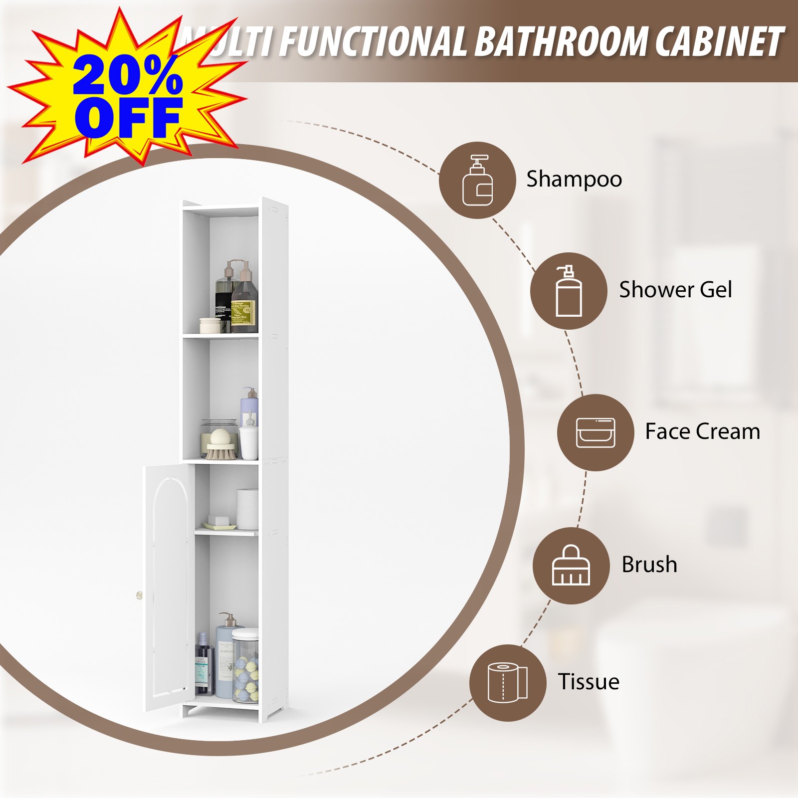 Tall Bathroom Cabinet Storage Unit Modern Slim Cupboard Open Shelves w/ Door