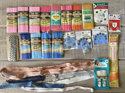 Vintage Sewing Supplies Lot Bias Tape Snaps Zippers & Much More