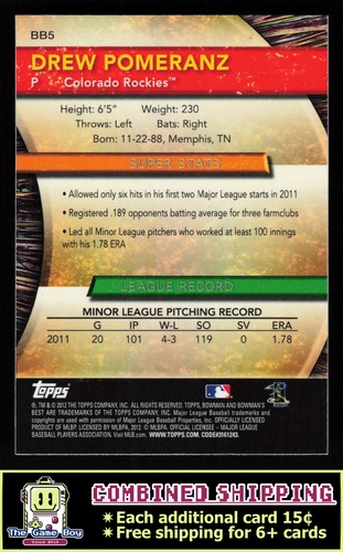 2012 Bowman Bowman's Best #BB5 Drew Pomeranz Colorado Rockies - Picture 2 of 2