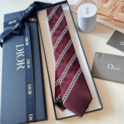 Dior Burgundy/White Silk Men's Tie Striped Jacquard Fabric Logo Accent