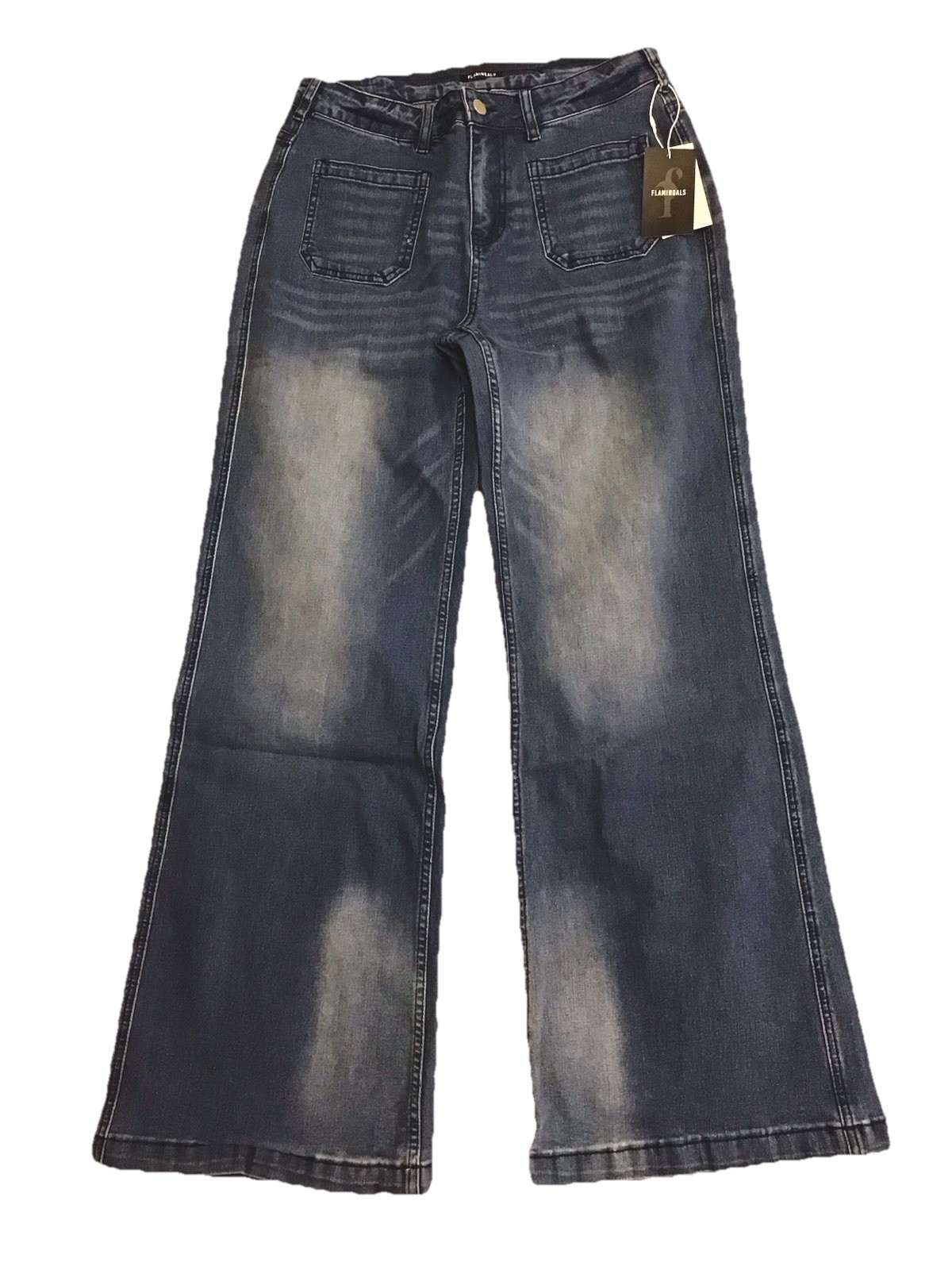 New Flamingals Blue Wide Leg Flare Jeans Low Waist Pockets Size MEDIUM  (SH15)