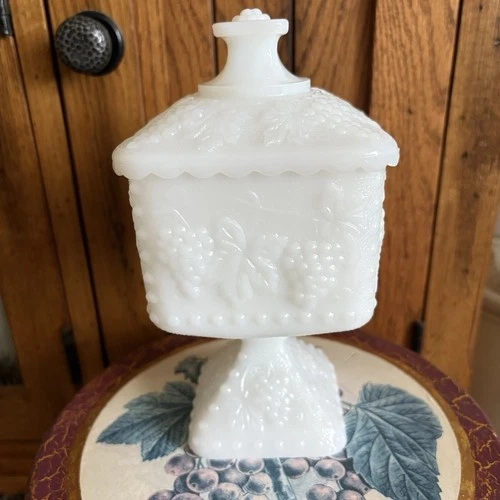 Vintage Milk Glass Square Pedestal Candy Dish Lidded Grape Pattern