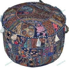 Indian Vintage Floral Ottoman Pouf Embroidered Cotton Footstool Bed Room Decor