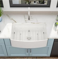 30" White Farmhouse kitchen Sink Curved Apron Front Ceramic Porcelain Fireclay
