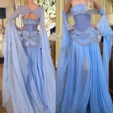 Sky Blue Fancy Strapless Prom Dresses A-line Evening Party Gowns Floor Length