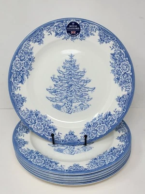 Set Of 6 Royal Stafford Blue Christmas Tree Holiday Dinner Plates 11" New