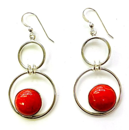 HSN Jay King Sterling Silver Double Circle Floating Red Coral Drop Earrings