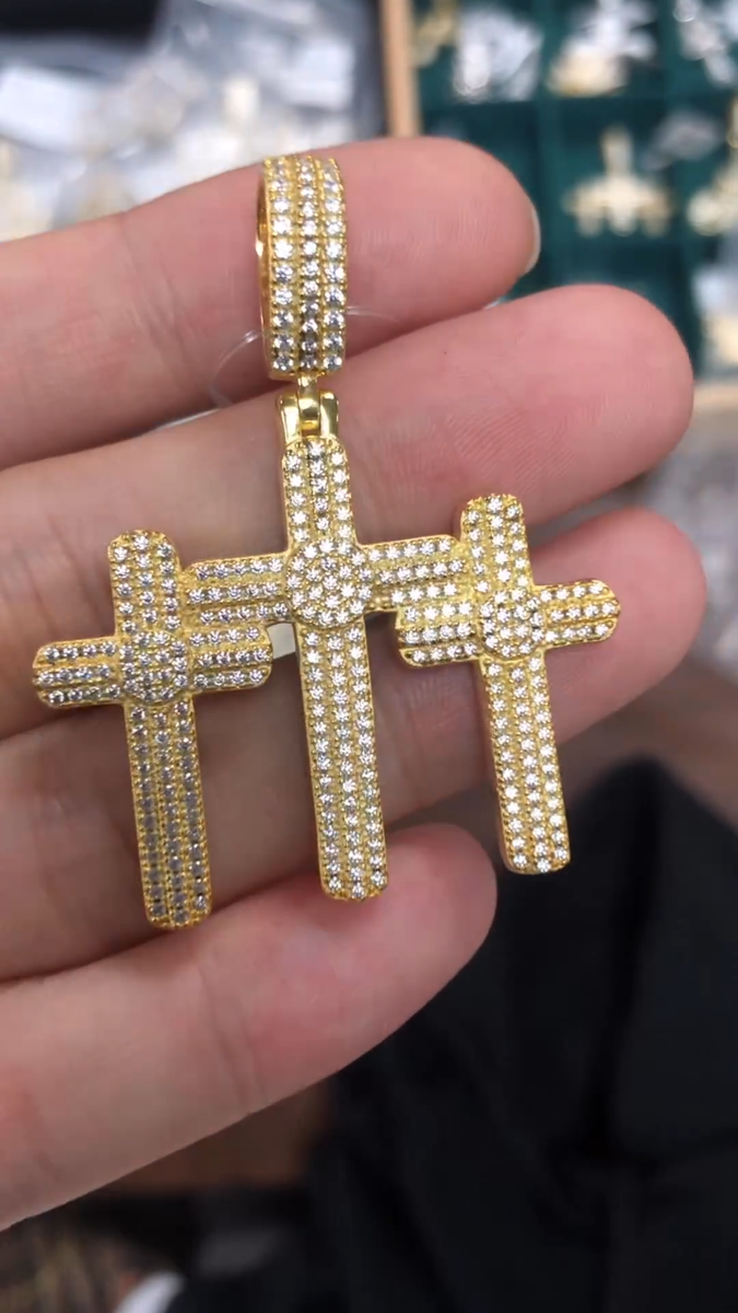 Triple Cross Lab Grown Diamonds Pendant 2.5 Inch 925 Silver Yellow