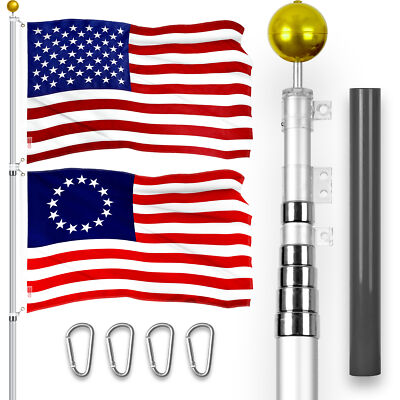 20 Ft Telescoping Flagpole Silver & American and Betsy Ross Flags Emb 300D 3x5Ft