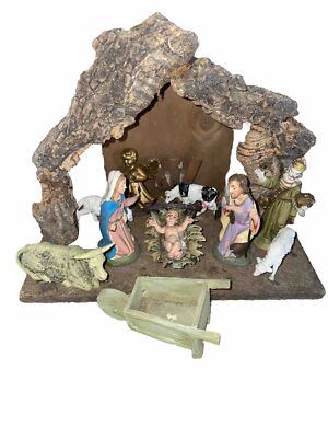Vintage Krippen Set Hergestellt in Italien mit Stall und 11 Figuren, Chalkware