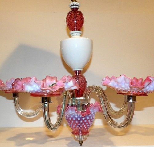 RARE FENTON CRANBERRY OPALESCENT HOBNAIL 5 ARM HANGING LIGHT FIXTURE~NEEDS WIRED - Picture 2 of 24