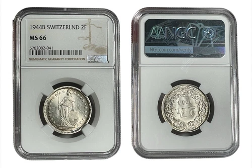 Switzerland, 2 Franc 1945B NGC MS66 Silver