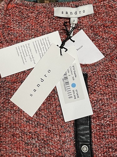 Sandro Women Coral Cotton Linen Leather Front Placket Cardigan Sweater 2/M NWT - Picture 3 of 3