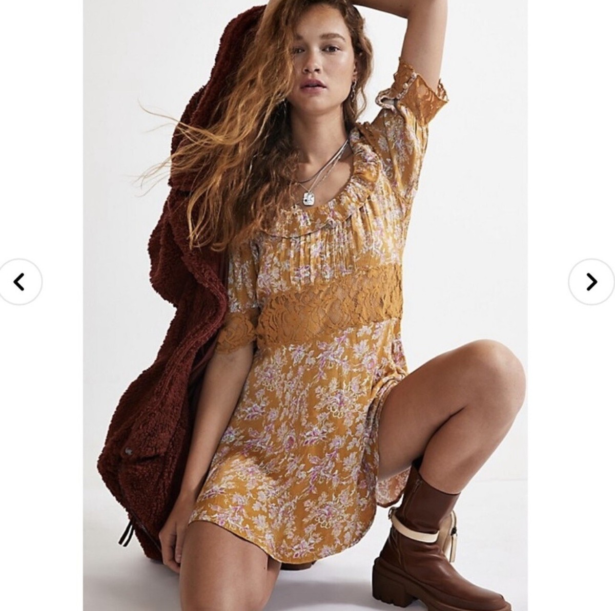 chinese dress ladies Free People Red Floral Mini Dress with Lace Trim, Open Back and Balloo –  The Thrifty Hippy main image 1