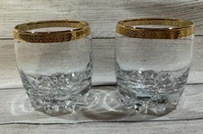 Lot of 2 VTG Double Old Fashion Glasses Circleware Crystal Gold Rim MCM Barware