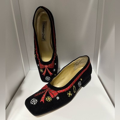 Vintage Coldwater Creek 80s black embroidery holiday Christmas flats 6.5 women's