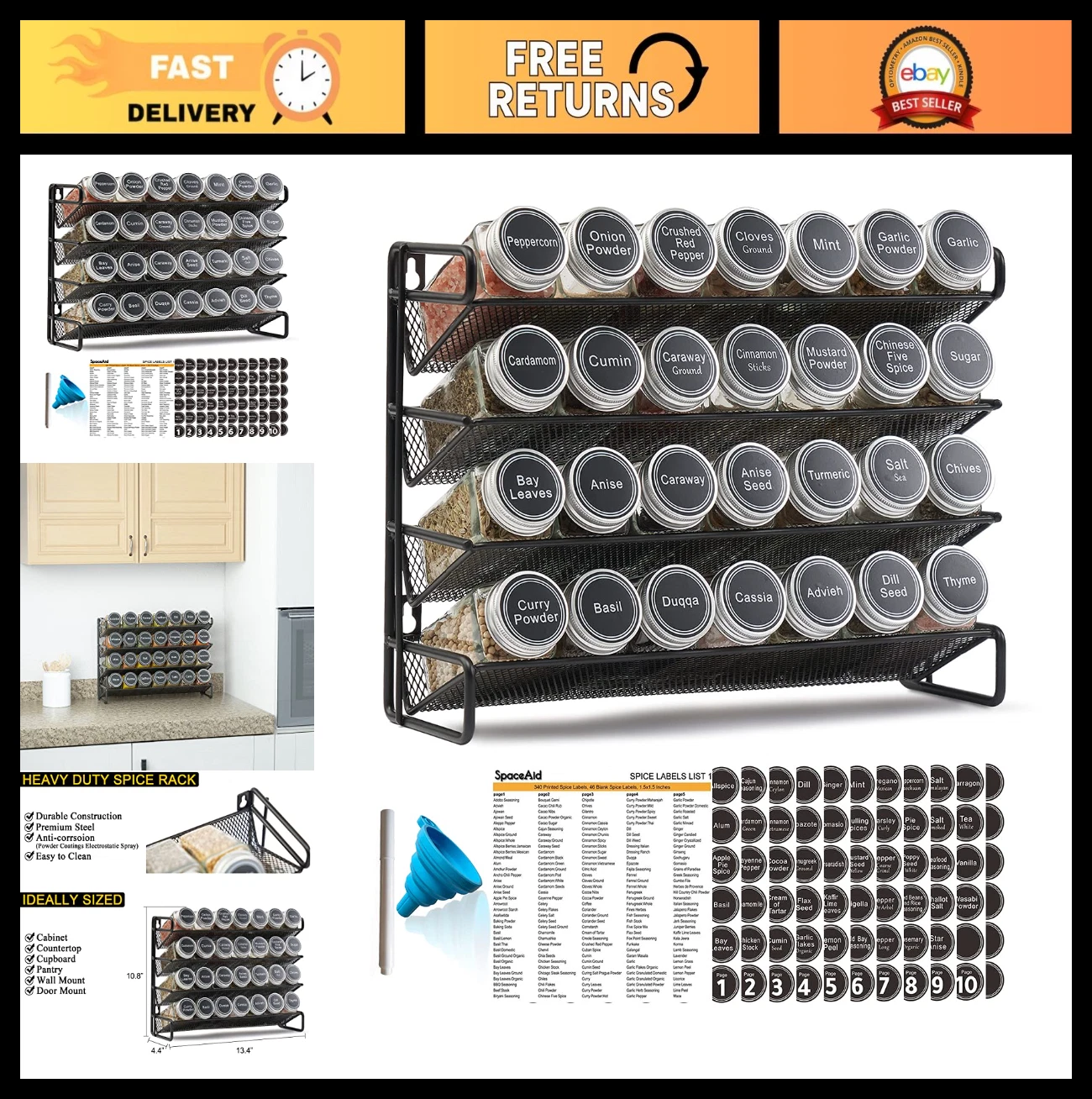 SpaceAid Spice Rack Organizer with 28 Spice Jars, 386 Spice Labels, Chalk