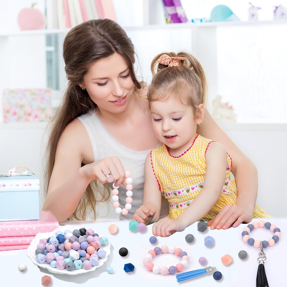 121 PCS Silicone Beads for Keychain Making Kit,12mm 15mm Round 14mm Polygonal...