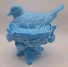 Vtg Westmoreland Blue Milk Glass Hen On Nest Robin Covered Candy Trinket Dish