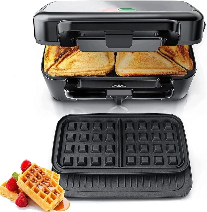 3 in 1 Waffle Maker Sandwich Maker 1200W Panini Press Removable Plates Non-stick