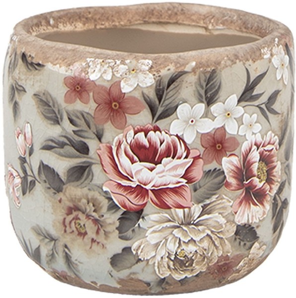 Blumentopf Keramik Floral Grau-Rosa 10X9 Cm Clayre & Eef 6CE1966S-image