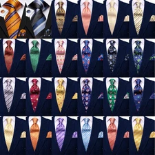 Fashion Mens Tie Paisley Floral Solid Necktie Hankie Cufflinks Set Formal Office