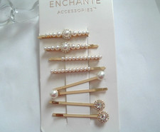 Set Enchante Wedding White Pearl and Rhinestone Golden Bobby Pins New w Tag