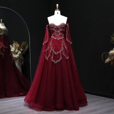 Long Evening Dress A-Line Beaded Cap Sleeves Off-the-Shoulder Prom Gown Party