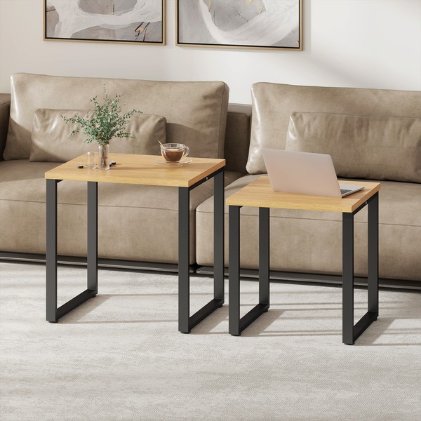 Homcom Couchtisch 2Er Set Wohnzimmertisch Mit Metallrahmen Natur-image