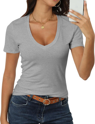 Roselux Women Large Short Sleeve Deep V Neck Tops Shirts Fitted Cotton Summer Ts