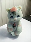 Fenton satin Lotus Mist sitting BEAR hand pnt'd roses OOAK by Marilyn Wagner